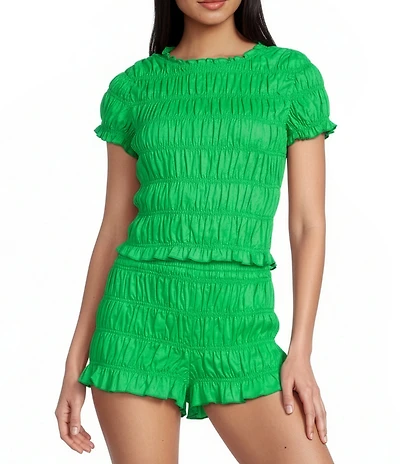 GB Linen Blend Smocked High Crew Neck Short Sleeve Coordinating Tee