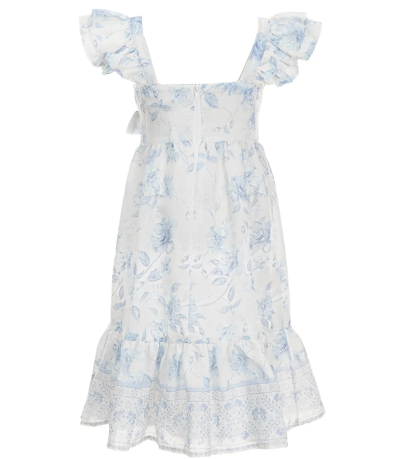 GB Little Girls Border Print Floral Eyelet Detailing Square Neck Short Sleeve Midi Dress