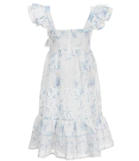 GB Little Girls Border Print Floral Eyelet Detailing Square Neck Short Sleeve Midi Dress