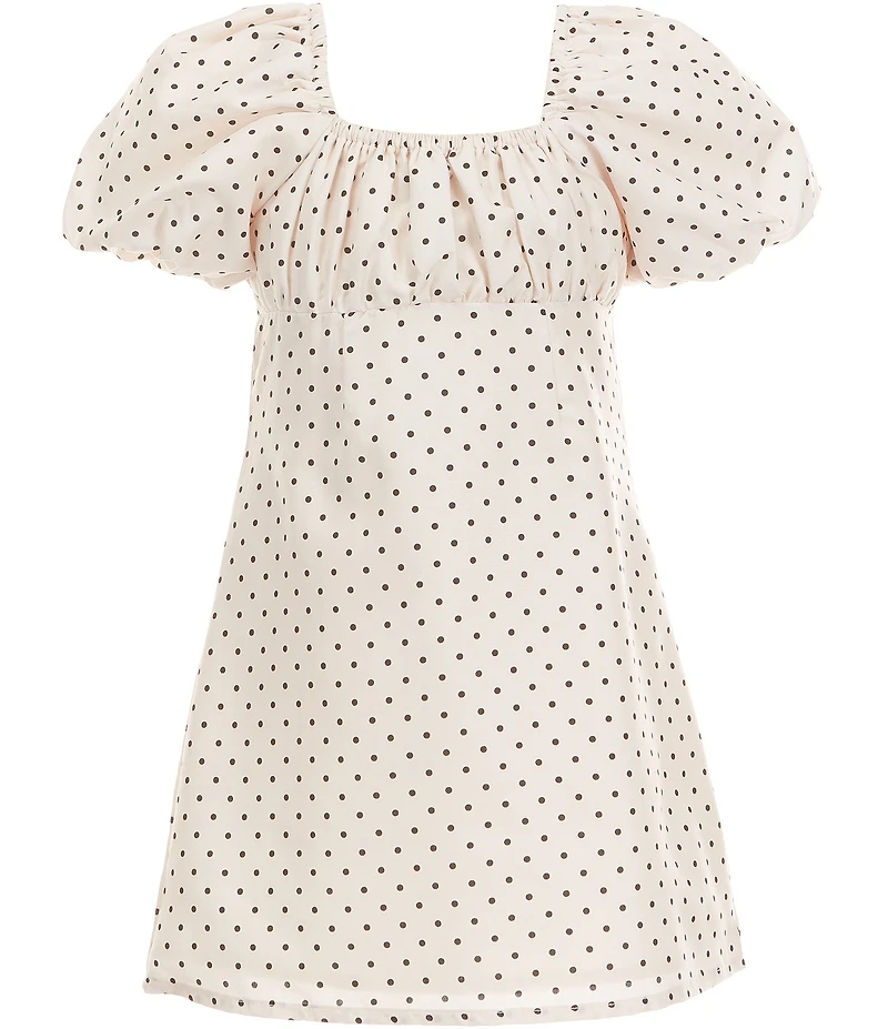 GB Little Girls Dotted Print Square Neck Ruched Empire Waist Puff Sleeve Dress