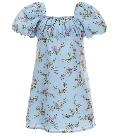 GB Little Girls Floral Print Square Neck Ruched Empire Waist Puff Sleeve Dress