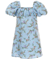 GB Little Girls Floral Print Square Neck Ruched Empire Waist Puff Sleeve Dress