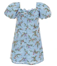 GB Little Girls Floral Print Square Neck Ruched Empire Waist Puff Sleeve Dress