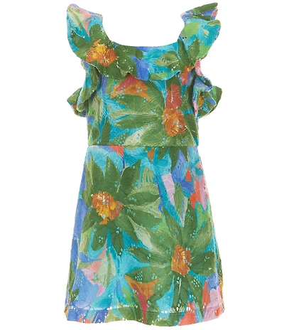GB Little Girls Flutter Sleeve Floral Eyelet Print Square Neck Ruffle Dress