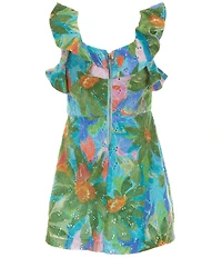 GB Little Girls Flutter Sleeve Floral Eyelet Print Square Neck Ruffle Dress