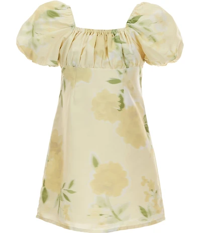GB Little Girls Floral Print Square Neck Tie Back Ruched Empire Waist Puff Sleeve Dress
