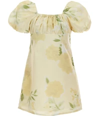 GB Little Girls Floral Print Square Neck Tie Back Ruched Empire Waist Puff Sleeve Dress