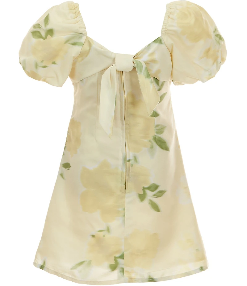GB Little Girls Floral Print Square Neck Tie Back Ruched Empire Waist Puff Sleeve Dress