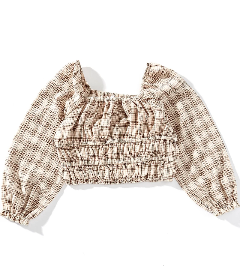 GB Little Girls Plaid Long Sleeve Off The Shoulder Woven Top