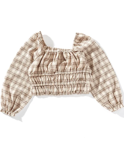 GB Little Girls Plaid Long Sleeve Off The Shoulder Woven Top