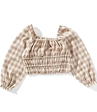 GB Little Girls Plaid Long Sleeve Off The Shoulder Woven Top