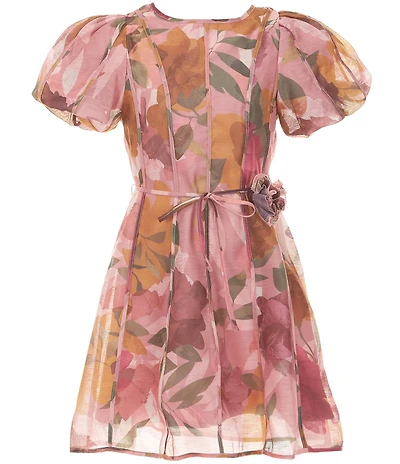GB Little Girls Rose Belt Puff Sleeve Printed Mini Dress