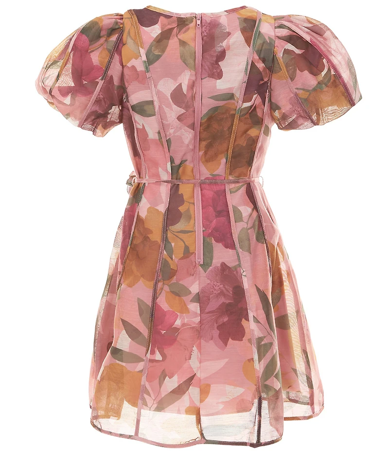 GB Little Girls Rose Belt Puff Sleeve Printed Mini Dress