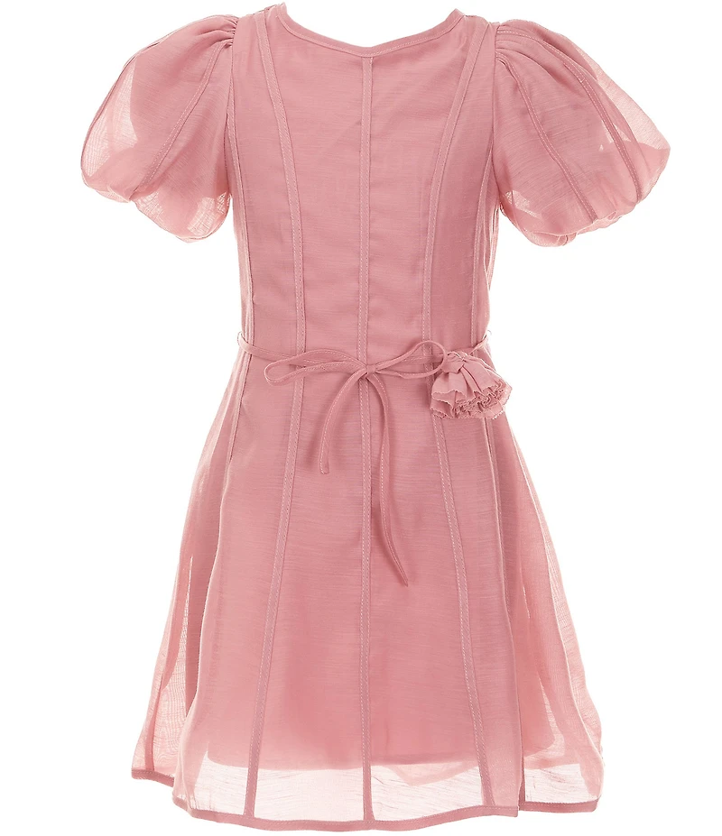 GB Little Girls Rose Belt Short Puff Sleeve Solid Mini Dress