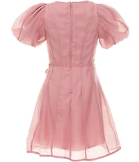 GB Little Girls Rose Belt Short Puff Sleeve Solid Mini Dress