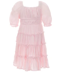 GB Little Girls Short Puff Sleeve Square Neck Crinkle Mini Dress