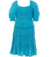 GB Little Girls Short Puff Sleeve Square Neck Crinkle Mini Dress