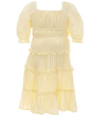 GB Little Girls Short Puff Sleeve Square Neck Crinkle Mini Dress