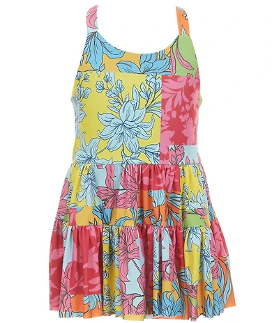 GB Little Girls Sleeveless Scoop Neck Cross Back Tiered Floral Printed Tennis Dress