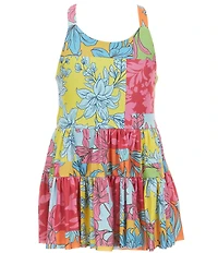 GB Little Girls Sleeveless Scoop Neck Cross Back Tiered Floral Printed Tennis Dress