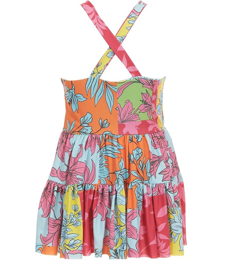 GB Little Girls Sleeveless Scoop Neck Cross Back Tiered Floral Printed Tennis Dress