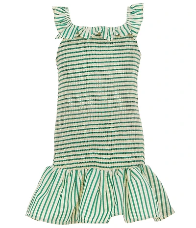 GB Little Girls Striped Sleeveless Smocked Ruffle Drop Waist Ric Rac Dress