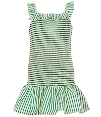 GB Little Girls Striped Sleeveless Smocked Ruffle Drop Waist Ric Rac Dress