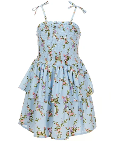 GB Little Girls Bow Shoulder Smocked Tiered Floral Print Mini Dress