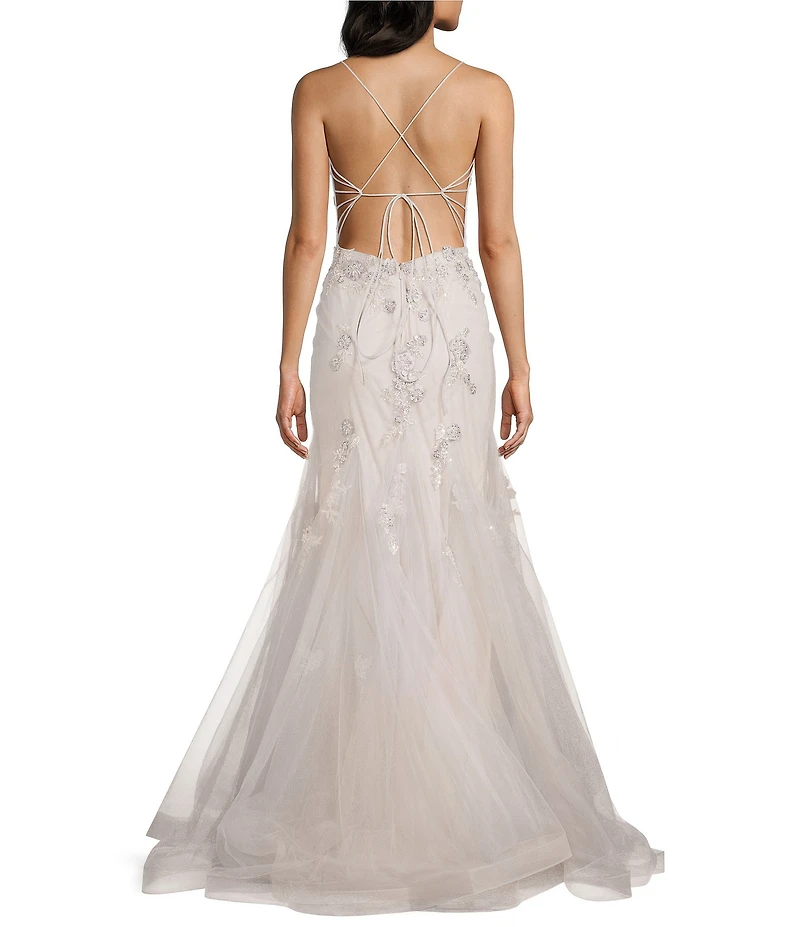 GB Mermaid Beaded Applique Lace Back Gown