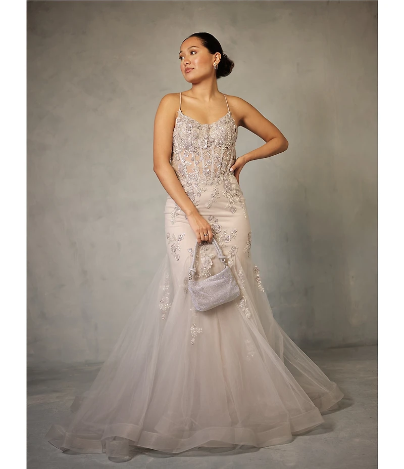GB Mermaid Beaded Applique Lace Back Gown