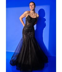 GB Mermaid Beaded Applique Lace Back Gown
