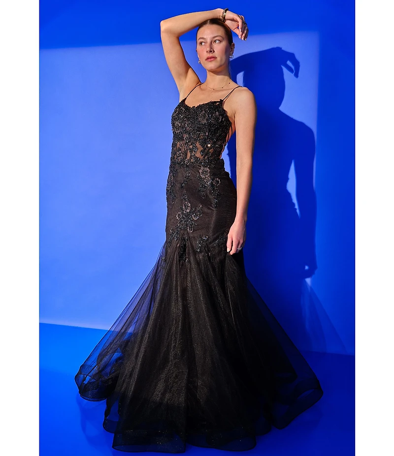GB Mermaid Beaded Applique Lace Back Gown