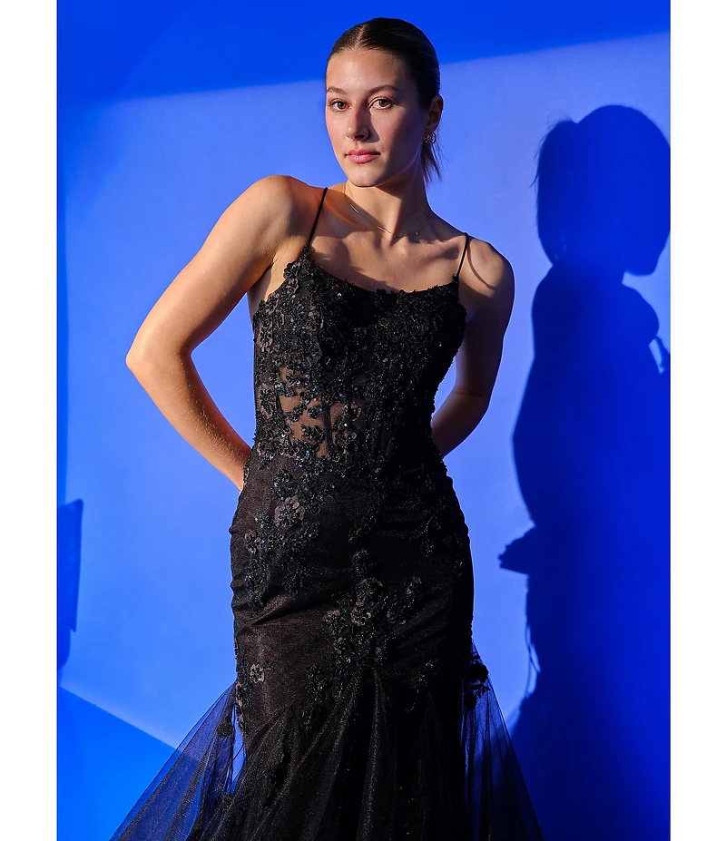 GB Mermaid Beaded Applique Lace Back Gown