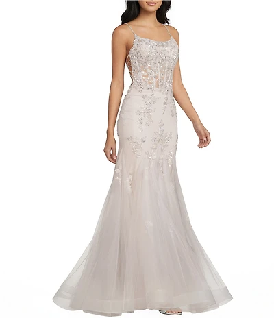 GB Mermaid Beaded Applique Lace Back Gown