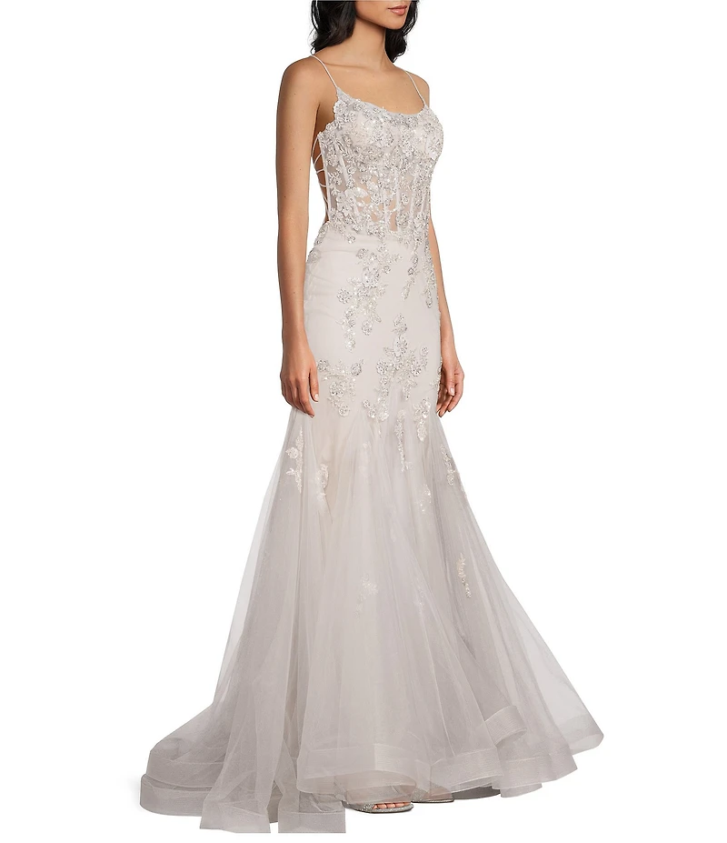 GB Mermaid Beaded Applique Lace Back Gown