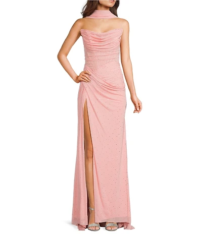 GB Mesh Embellished Cowl Neck Bodycon Long Dress