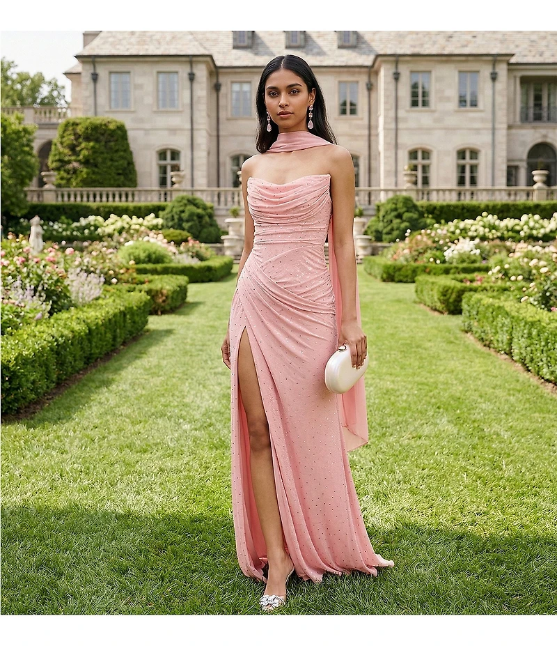 GB Mesh Embellished Cowl Neck Bodycon Long Raw Edge Hem Dress