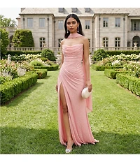 GB Mesh Embellished Cowl Neck Bodycon Long Raw Edge Hem Dress