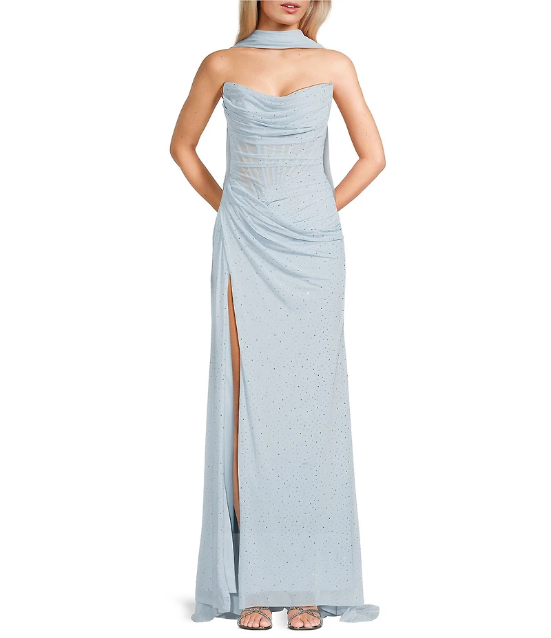 GB Mesh Embellished Cowl Neck Bodycon Long Dress