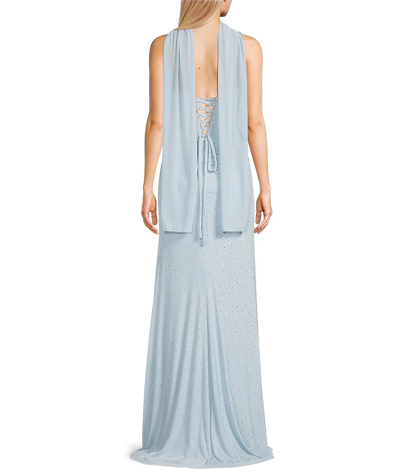 GB Mesh Embellished Cowl Neck Bodycon Long Dress