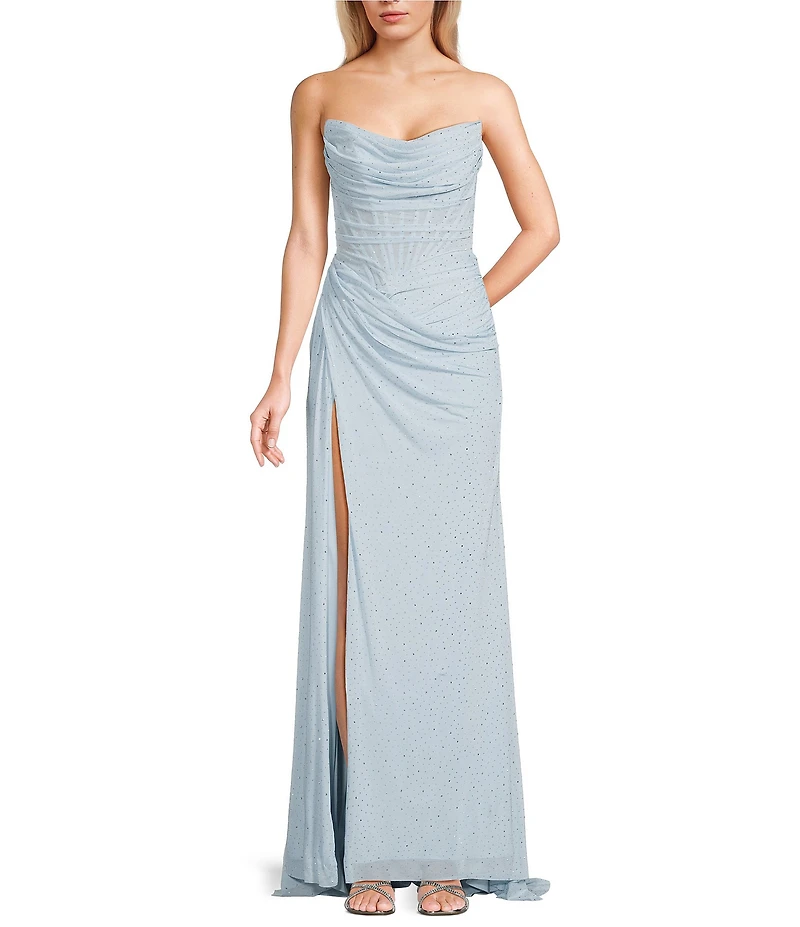 GB Mesh Embellished Cowl Neck Bodycon Long Dress