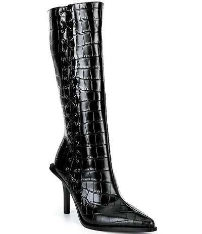 GB Mic-Drop Croco Embossed Leather Lace-Up Detail Stiletto Boot