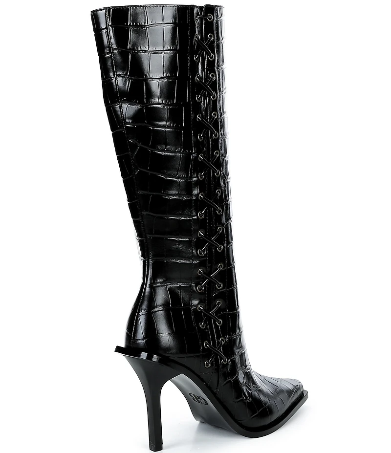 GB Mic-Drop Croco Embossed Leather Lace-Up Detail Stiletto Boot