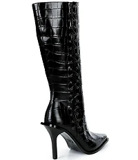 GB Mic-Drop Croco Embossed Leather Lace-Up Detail Stiletto Boot