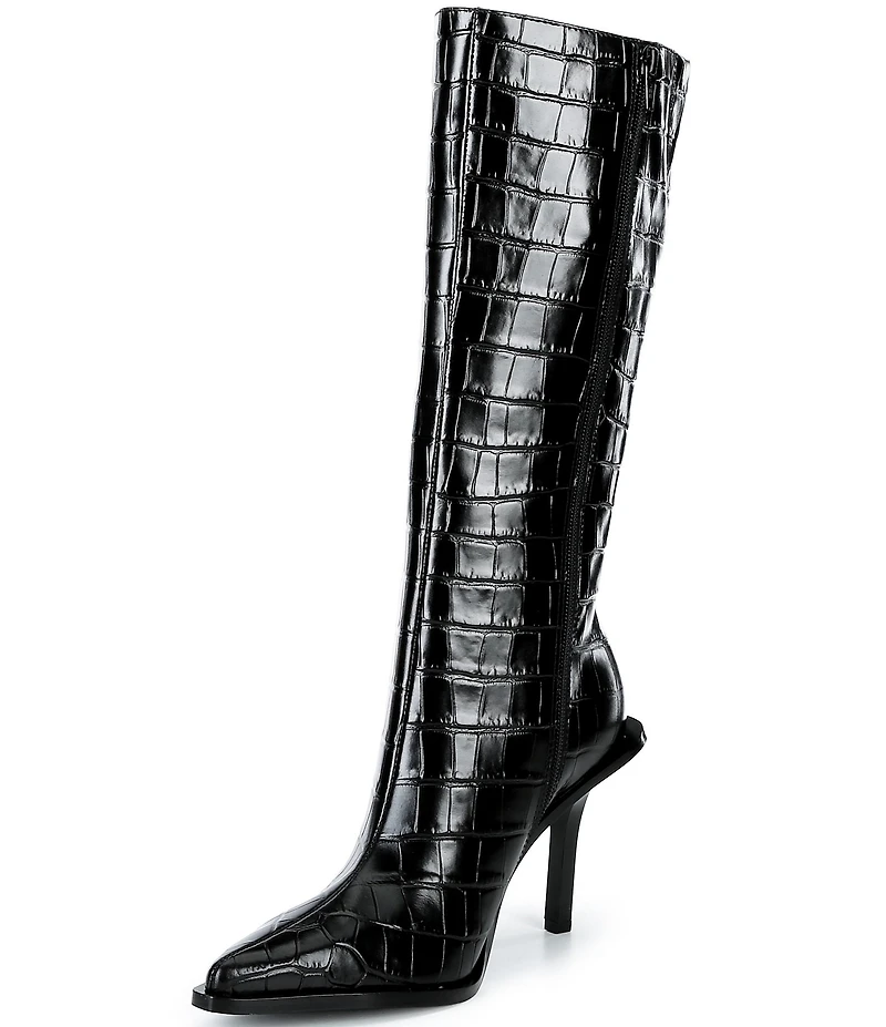 GB Mic-Drop Croco Embossed Leather Lace-Up Detail Stiletto Boot