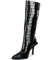GB Mic-Drop Croco Embossed Leather Lace-Up Detail Stiletto Boot