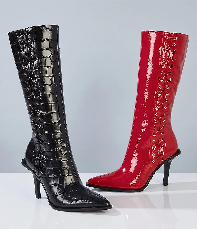 GB Mic-Drop Croco Embossed Leather Lace-Up Detail Stiletto Boot