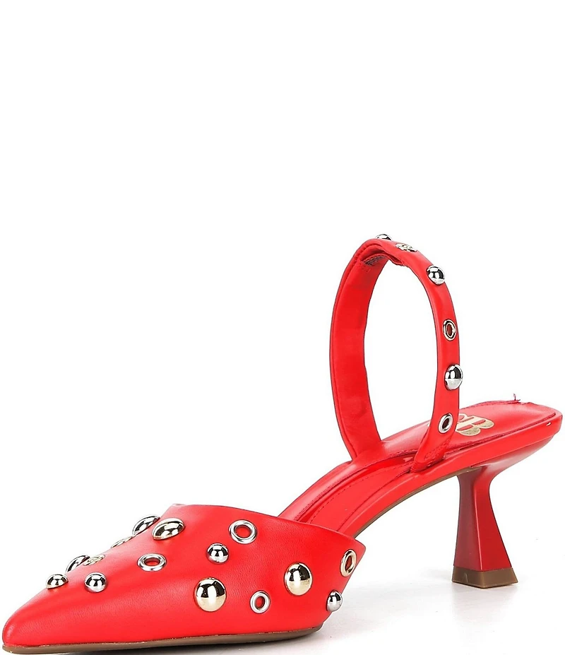 GB Office-Siren Leather Grommet and Stud Kitten Heel Slingback Pumps