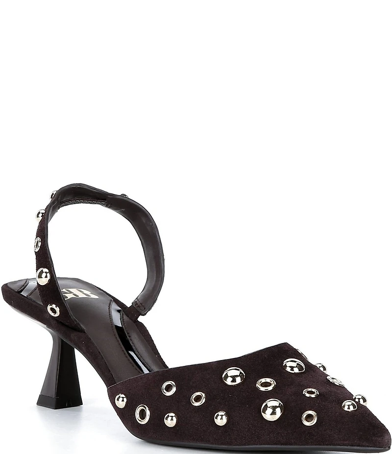 GB Office-Siren Suede Grommet and Stud Kitten Heel Slingback Pumps