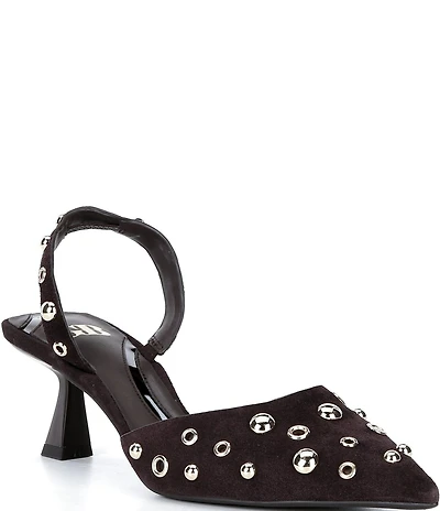 GB Office-Siren Suede Grommet and Stud Kitten Heel Slingback Pumps